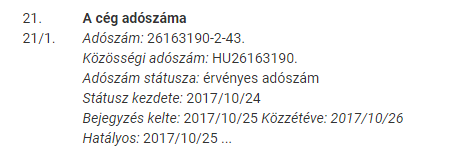 adószám ellenőrzés cégjegyzék 21. rovat